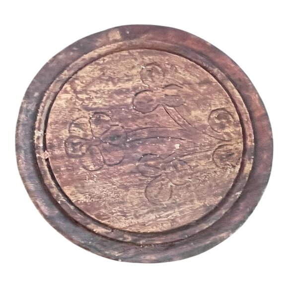 Vtg Teak Wood Coaster Set Brass Inlay Caddy & Hand-Carved Coasters 3 3/8" India - Picture 7 of 14